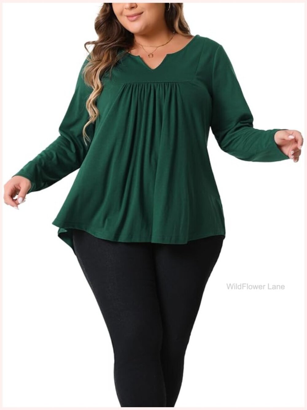 Plus Size Notched Neck Long Sleeve Front Pleated Tunic Blouse